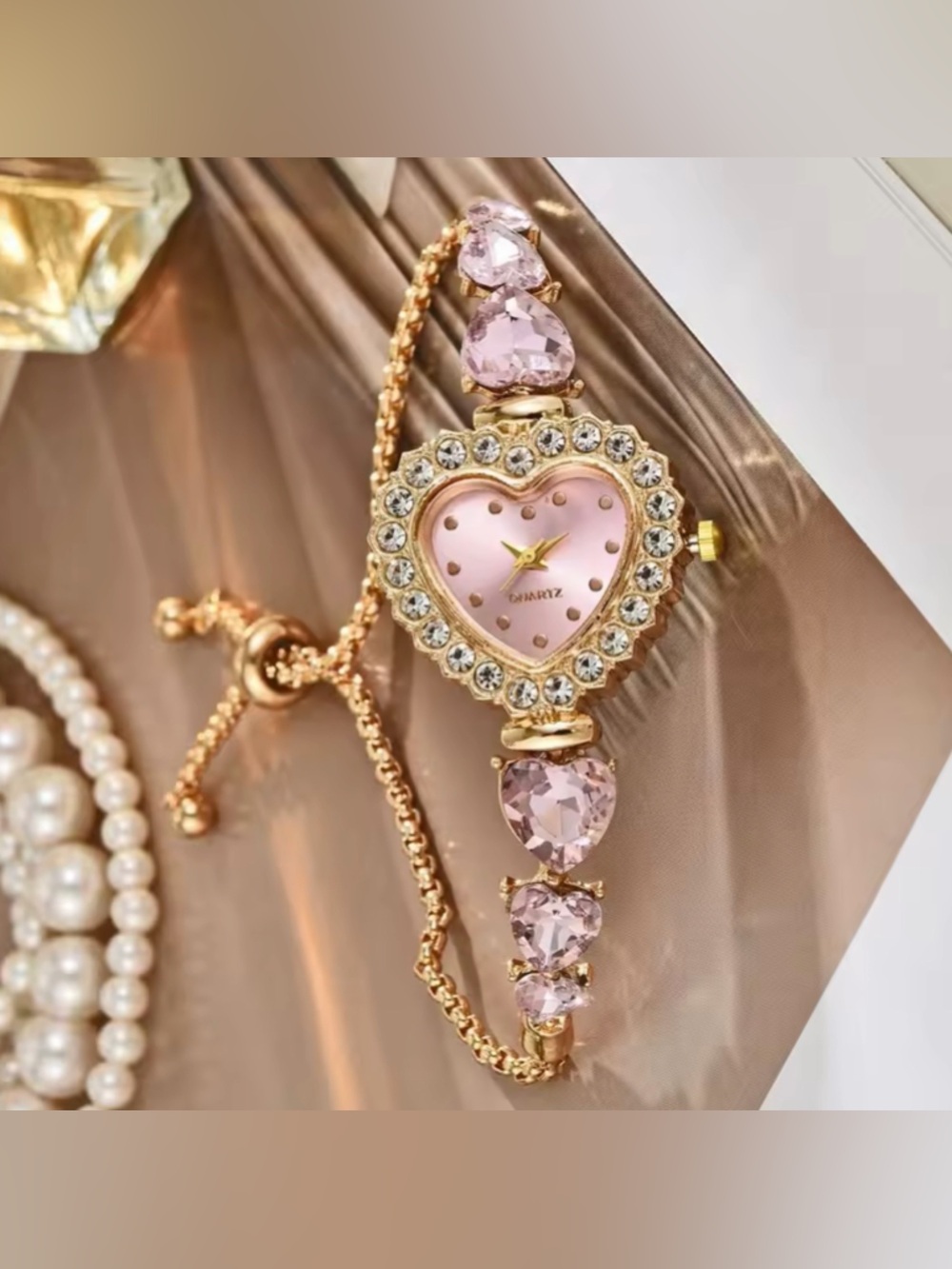 Kohl's Gold-Tone Heart Bracelet Watch with Pink Crystals